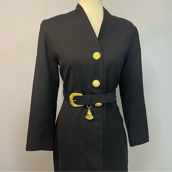 Vintage black long sleeve structured dress bold gold belt ornate buttons retro - Picture 4 of 11